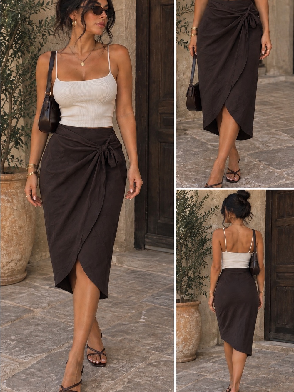Naked Zebra Dark Brown Wrap Midi Skirt with Side Tie